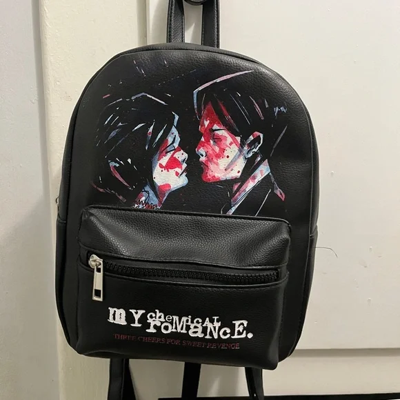 My Chemical Romance Black Graphic Mini Backpack with Red & Blue Accent Artwork - Picture 1 of 4